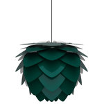 UMAGE - Aluvia Plug-In Pendant, Medium, Forest/Black - Modern. Elegant. Striking. The VITA Aluvia is an artistic assemblage of 60 precision-cut aluminum leaves, overlapping each other on a durable polycarbonate frame. These metal leaves surround the light source, emitting glare-free, ambient light.  The underside of each leaf is painted white for increased light reflection, and the exterior is finished in one of six designer colors. Available in two sizes, the Medium (18.9"h x 23.3"w) can be used as a pendant or hanging wall lamp, while the Mini (11.8"h x 15.7"w) is available as a pendant, table lamp, floor lamp or hanging wall lamp. Hang it over the dining table, position it in a corner, or use as a statement piece anywhere; the Aluvia makes an artistic impact in any room.