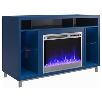 Modern TV Stand, Deluxe Design With Fireplace and Glass Shelves, Navy