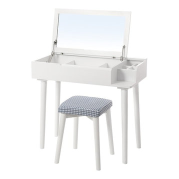 Dressing Table Set With Large Flip Top Mirror, Cushioned Stool and Compartments