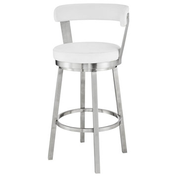 Modern Swivel Bar Stool, Stainless Steel Base With Faux Leather Seat, White