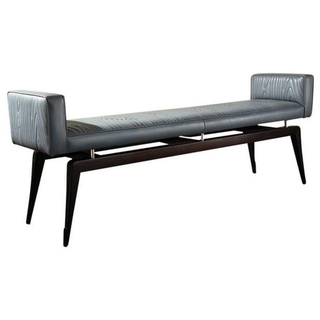 Modern Exposed Wood Gray Leather Bench  Long Wood Pattern Faux Bois Texture