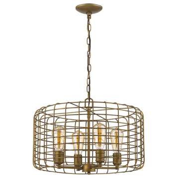 Lynden 4-Light Raw Brass Drum Pendant With Wire Cage Shade