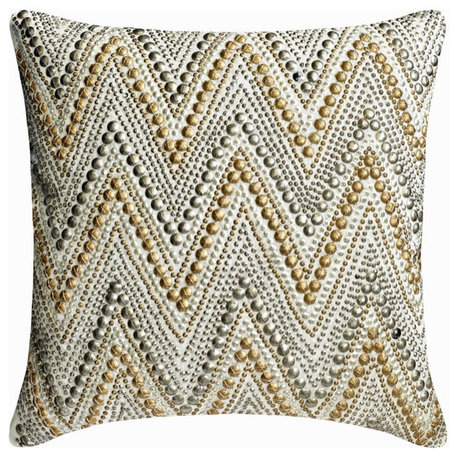 Ivory, Gold & Silver Silk Beaded 16"x16" Throw Pillow Cover - Chevron Spark