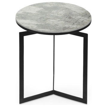 Pertica Modern Glam Handcrafted Marble Top Side Table, Natural White and Black