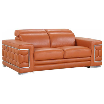 Elegant Loveseat, Genuine Leather Upholstery With Chrome Accents, Fire Orange