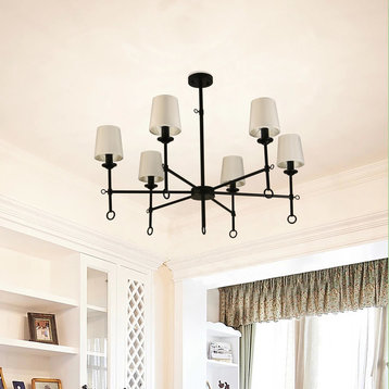 Canyon Home 6-Shade Chandelier Light | Bamboo Lampshades and Matte Black Steel