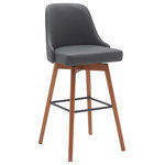 Armen Living - Sicily 26" Swivel Walnut Wood Counter Stool, Gray Faux Leather, 30 - Update your home with our modern, versatile, and exceptionally comfortable Sicily Upholstered Swivel Bar or Counter Stool. Featuring a softly contoured back and padded seat, our bar stool delivers linger-worthy comfort for your casual meals and cocktail hours. It is perched upon tapered legs with a metal footrest to provide a comfortable seating experience. The counter stool is generously padded to attain a cozy and modern look in any room. It is available in both easy-to-maintain faux leather upholstery or high-performance fabric to best suit the need of your household. The bar stool is expertly crafted from beechwood for easy care, durability, and natural beauty. You can use it anywhere in the house from your kitchen to a home office to accompany a kitchen island, pub table, home bar, or adjustable desk. Our modern bar stool is fitted with a wonderful 360-degree swivel function with a smooth gliding system, allowing you to follow conversations and create a social space at your kitchen island or breakfast counter. The Sicily swivel bar or counter stool easily incorporates into any home and is available in your choice of 26-inch or 30-inch seat height in a walnut wood finish with cream or gray faux leather upholstery or a black brushed wood finish with gray faux leather or light gray fabric upholstery.