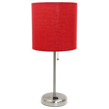 Limelights Stick Lamp With Charging Outlet and Fabric Shade, Red Shade