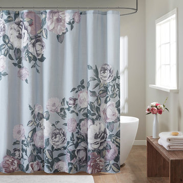 Madison Park Charisma Floral Cotton Boucle Slub Shower Curtain, Grey/Blue