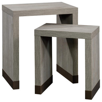 Set of 2 Nesting End Table, U-Shaped Design With Brass Metal Caps, Mystic Oak
