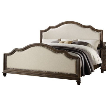 Bowery Hill Modern Fabric Upholstered Queen Panel Bed in Beige/Weathered Oak