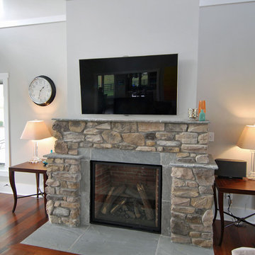 Contemporary Farmhouse Stone Fireplace and Wood Floors