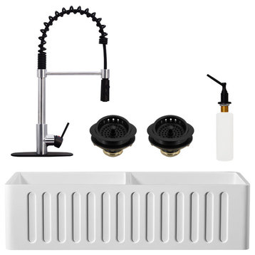 36" Double Bowl Solid Surface Reversible Sink and Faucet Kit, Stainless Steel/Black