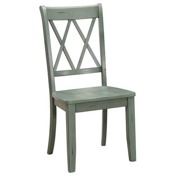 Benzara BM179835 Pine Veneer Side Chair Double X-Cross Back, Teal Blue, Set of 2