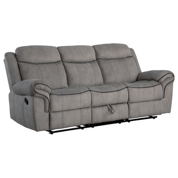 Benzara Fabric Upholstered Motion Sofa With Console and Cup Holder, Gray