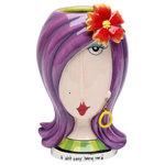 Cosmos Gifts Corp - Lady With Flower Makeup Holder - Keep your makeup tubes and brushes organized and accessible with the Lady With Flower Makeup Holder. This eye-catching holder features a purple-haired woman wearing hoop earrings and a flower barrette. Display it on a bathroom counter or vanity as a fun, vibrant accent piece.