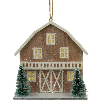 4" Battery Operated Lighted Rustic House With Trees Christmas Ornament