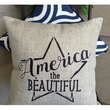 "America The Beautiful" Patriotic Rustic Reversible Tan Pillow Indoor Outdoor