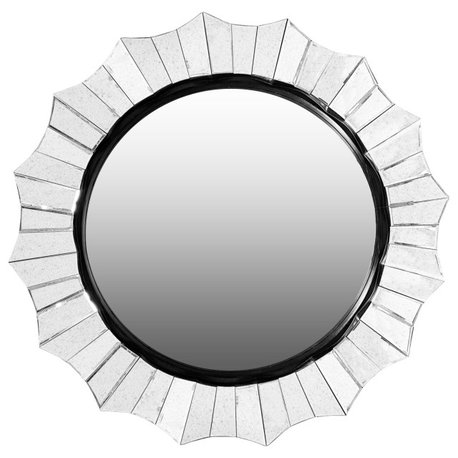 Benzara UPT-228541 Round Wall Mirror, Scalloped Design/Beveled Edges, Silver