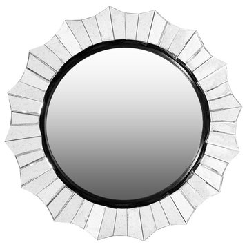 Benzara UPT-228541 Round Wall Mirror, Scalloped Design/Beveled Edges, Silver