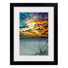 "Fiery Burning Red Clouds Sunset Foot Prints Beach" Black Framed Art Print, 2