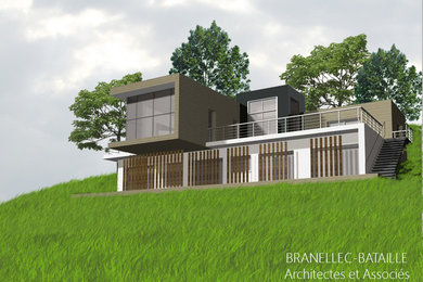 Réalisation d'une grande façade de maison design à deux étages et plus avec un toit plat.