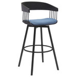 Armen Living - Athena 31" Swivel Black Wood Bar Stool, Blue Fabric With Black Metal - Bring sophisticated style and comfort to your home with our Athena Upholstered Swivel Bar or Counter Stool. With bentwood construction, our bar stool features a stunningly streamlined and striking barrel back. Its sleek and eye-catching curves are complemented by an airy metallic frame and splayed legs for a stunning visual impact. An enveloping silhouette and padded seat promise a comfortable sit in a kitchen or lounge. Our barstool is available in both faux leather and high-performance fabric to best suit the daily wear and tear of your home. Expertly crafted from metal and engineered wood, the counter stool shows off a mixed material elegance to work well anywhere from your kitchen to a home office. It can complement a kitchen island, pub table, home bar, or adjustable desk, bringing a dose of style and comfort. Our modern bar stool comes with a wonderful 360-degree swivel with a smooth gliding system, allowing you to join conversations around the counter or work with ease and efficiency. The Athena swivel bar or counter stool easily incorporates into any home and is available in your choice of 27-inch or 31-inch seat height in a walnut wood finish with black, cream, and gray faux leather upholstery or a black wood finish with your choice of light gray or blue fabric or gray faux leather upholstery.