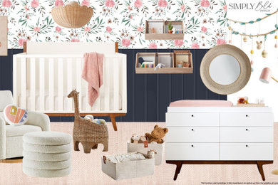 Diseño de habitación de bebé neutra retro de tamaño medio con suelo de madera en tonos medios y papel pintado