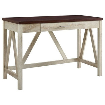 Pemberly Row 46" A-Frame Desk with White Oak Base and Traditional Brown Top