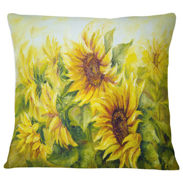 Bright Yellow Sunny Sunflowers Floral Painting Throw Pillow, 16"x16"