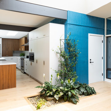 Entry to Kitchen Connection with Exposed Beams and Accent Combed Blue Stucco