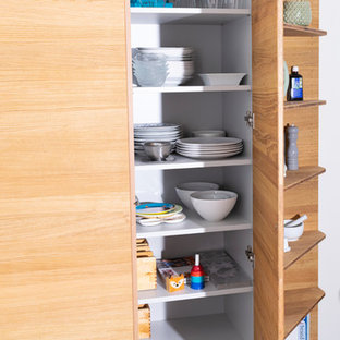 Huge contemporary kitchen pantry designs - Inspiration for a huge contemporary u-shaped gray floor kitchen pantry remodel in Bremen with a drop-in sink, flat-panel cabinets, light wood cabinets, granite countertops, no island and black countertops