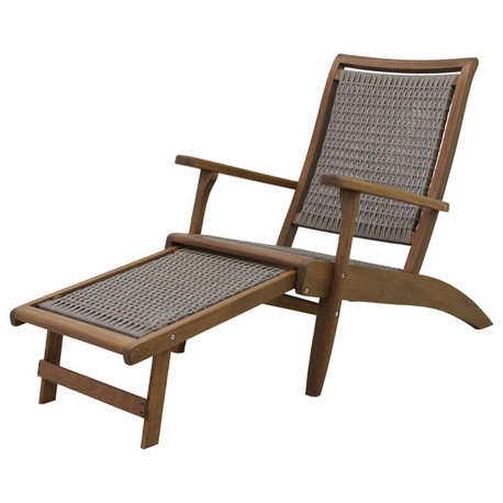 Gray Wicker and Eucalyptus Lounger With Built-In Ottoman