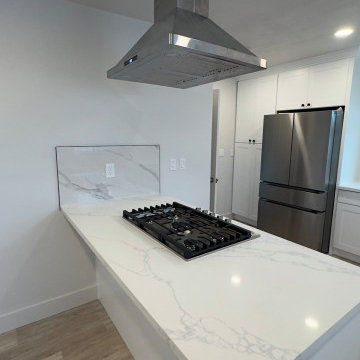 Contemporary White Kitchen with Peninsula Cooktop