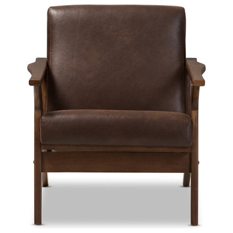 Bianca Mid-Century Modern Distressed Lounge Chair, Dark Brown Faux Leather