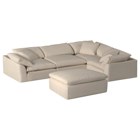 5PC Slipcovered L-Shaped Sectional Sofa with Ottoman | Tan/Beige