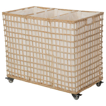 Laundry Sorter and Hamper 3, Sections on Wheels, Light Brown