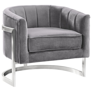 Chiara Accent Chair, Gray Velvet and Brushed Stainless Steel Finish