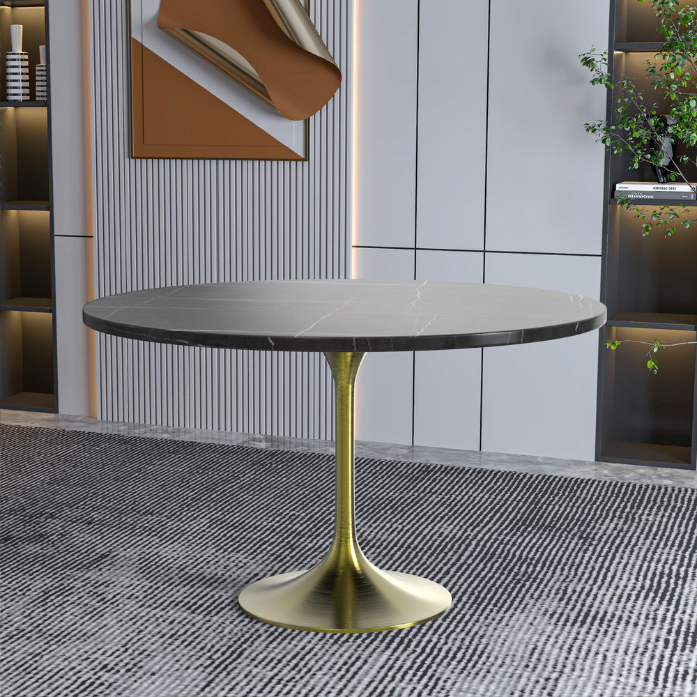 48 Round Dining Table, Brushed Gold Base with Sintered Stone Black Top ...