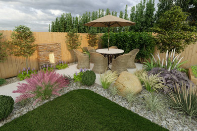 Medium sized nautical back xeriscape partial sun garden for summer in Sussex with a waterfall.