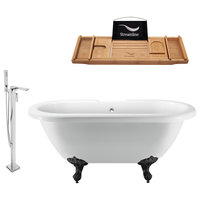 70" Clawfoot White Tub, Faucet and Tray Set, Black Feet, Chrome External Drain
