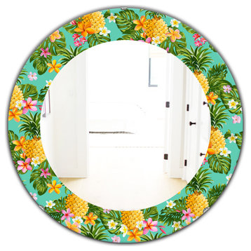 Tropical Mood Pineapple 5 Bohemian Frameless Round Wall Mirror, 32x32
