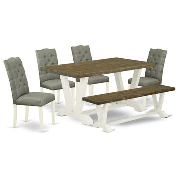 V076El207-6, 6-Piece Set, 4 Chairs, Top and Wooden Legs Table and Wooden Bench