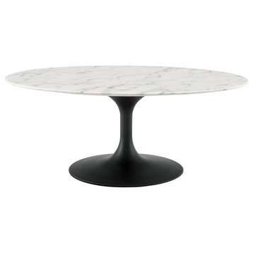 Living Lounge Oval Coffee Table, Artificial Marble Stone Metal, Black White