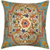 Floral Garden Pillow Cover Bright Turquoise Blue Hand Embroidered Wool 18x18"