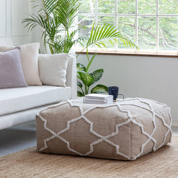 Unique Pouf, Extra Large Design With Geometric White Pattern, Beige Upholstery