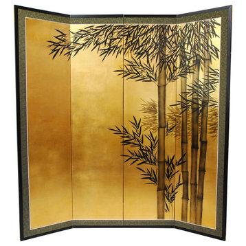 Tall Room Divider, Wood Frame With 4 Panels and Bamboo Print, Gold/Multicolor