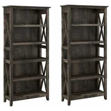 Set of 2 Farmhouse Bookcase, Open Shelves With X-Sides, Dark Gray Hickory