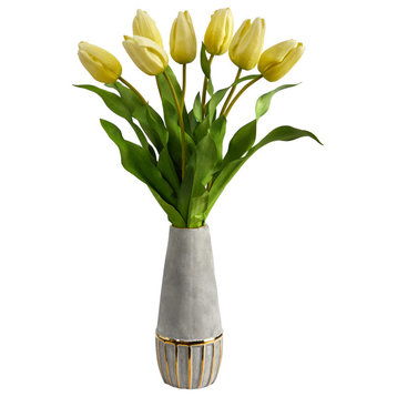22" Dutch Tulip Artificial Arrangement, Stoneware Vase With Gold Trimming