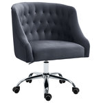 Meridian Furniture - Arden Swivel and Adjustable Velvet Upholstered Office Chair, Gray, Chrome Base - Stay cozy and comfortable at work while expressing your definitive modish tastes with this Arden Velvet Office Chair. This sumptuously appointed chair features soft grey velvet upholstery with svelte button tufting and a rich chrome base, ensuring that it garners more than its fair share of oohs and aahs, no matter who's admiring it. This contemporary office chair swivels to allow for expanded functionality, and it's adjustable, so you can customize the chair's position to meet your sitting preferences.